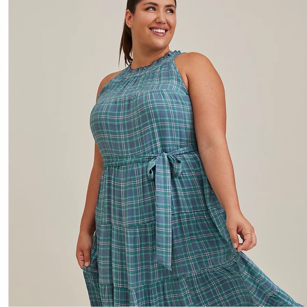 torrid Teal Plaid Halter Midi Dress - Picture 2 of 7